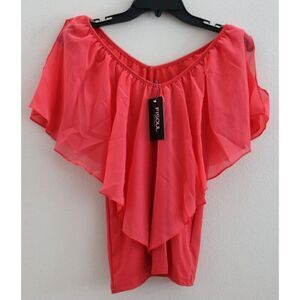 FISOUL Women's Sz Small Pink Ruffle V-Neck Flounce Chiffon Top Blouse